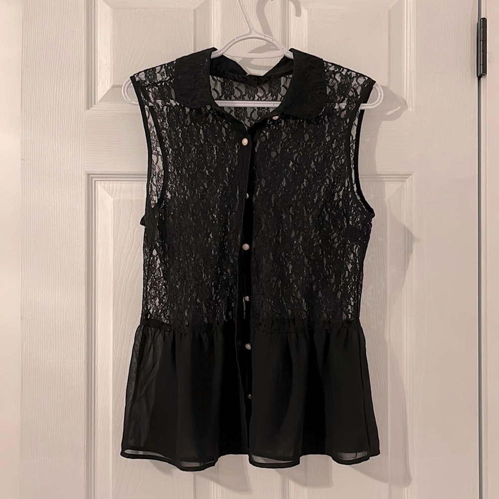 Black lace see through collared shift with jeweled buttons.
